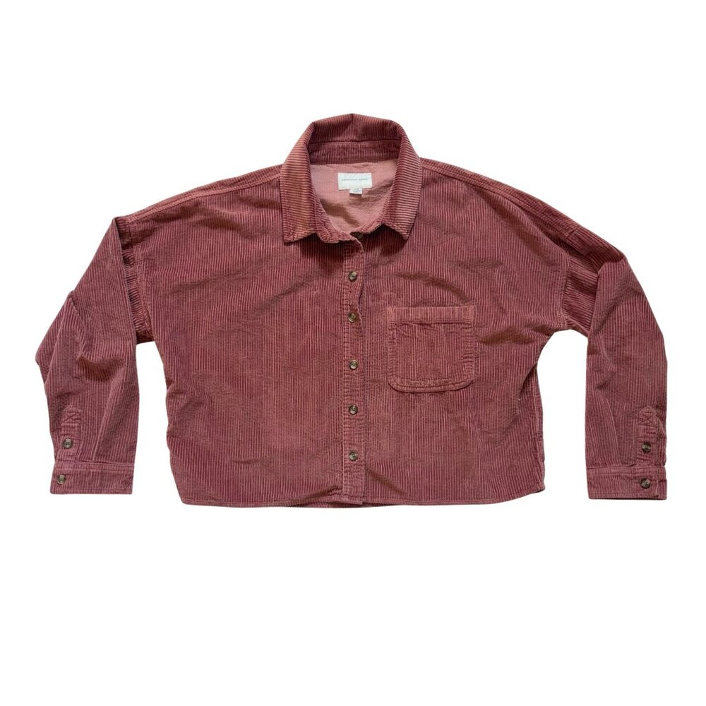 American Eagle Corduroy Cropped Button Down Shirt Dusty Rose Long Sleeve